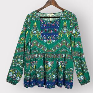 Matilda Jane Evergreen Babydoll Top Women M Green Pleated Long Sleeve Floral Q06